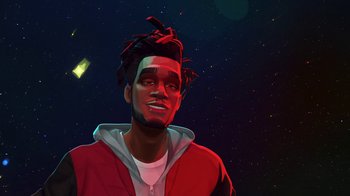 Movie still from “Entergalactic” (2022), directed by Fletcher Moules – A painting of a man in a red jacket with dreadlocks; Close Up shot, Low angle