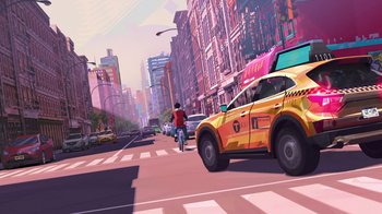Movie still from “Entergalactic” (2022), directed by Fletcher Moules – An illustration of a busy city street with a yellow taxi cab; Extreme Wide shot, Low angle