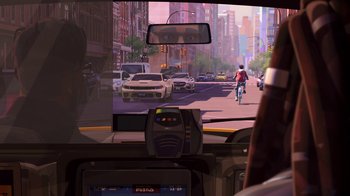 Movie still from “Entergalactic” (2022), directed by Fletcher Moules – A view of a city from inside a taxi cab; Extreme Close Up shot, Over the shoulder angle