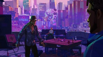 Movie still from “Entergalactic” (2022), directed by Fletcher Moules – A man in a hat and a jacket standing in front of a table; Extreme Wide shot, Low angle