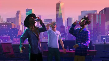 Movie still from “Entergalactic” (2022), directed by Fletcher Moules – A group of people standing next to each other drinking beer; Wide shot, Low angle