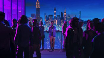 Movie still from “Entergalactic” (2022), directed by Fletcher Moules – A group of people standing in front of a city skyline; Wide shot, Low angle