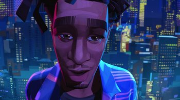 Movie still from “Entergalactic” (2022), directed by Fletcher Moules – A stylized image of a man with dreadlocks in front of a city skyline; Close Up shot, Overhead angle