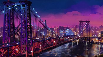 Movie still from “Entergalactic” (2022), directed by Fletcher Moules – A painting of a bridge and a city at night; Extreme Wide shot, Low angle