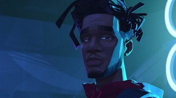 Movie still from “Entergalactic” (2022), directed by Fletcher Moules – An illustration of a man with a bow in his hair; Close Up shot, Low angle