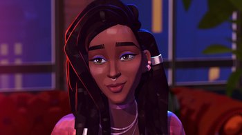 Movie still from “Entergalactic” (2022), directed by Fletcher Moules – An animation of a woman with long black hair; Close Up shot, Over the shoulder angle