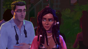 Movie still from “Entergalactic” (2022), directed by Fletcher Moules – A man and a woman are standing in a dark room; Close Up shot, Over the shoulder angle