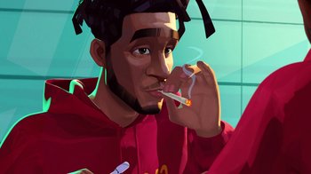 Movie still from “Entergalactic” (2022), directed by Fletcher Moules – A man with dreadlocks is smoking a cigarette; Close Up shot, Low angle