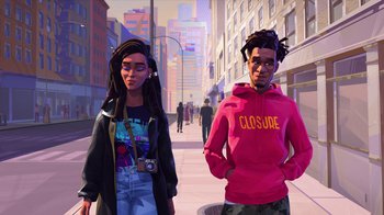 Movie still from “Entergalactic” (2022), directed by Fletcher Moules – A couple of people that are standing in the street; Medium shot, Over the shoulder angle