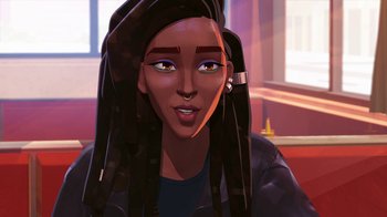 Movie still from “Entergalactic” (2022), directed by Fletcher Moules – An illustration of an african american woman wearing a black jacket; Close Up shot, Over the shoulder angle