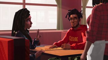 Movie still from “Entergalactic” (2022), directed by Fletcher Moules – Two people are sitting at a table and one of them is holding a board game; Medium shot, Over the shoulder angle