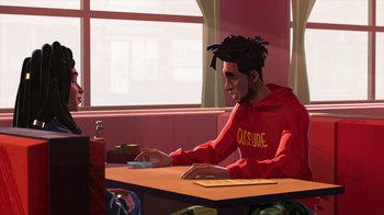 Movie still from “Entergalactic” (2022), directed by Fletcher Moules – A man sitting at a table in front of a window; Medium shot, Over the shoulder angle