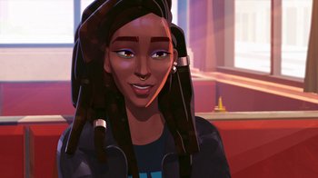 Movie still from “Entergalactic” (2022), directed by Fletcher Moules – An illustration of a woman with dreads smiling; Close Up shot, Over the shoulder angle