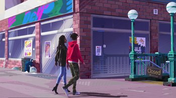 Movie still from “Entergalactic” (2022), directed by Fletcher Moules – A couple of people walking down a street; Extreme Wide shot, Low angle