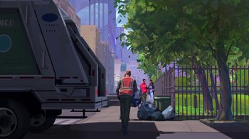 Movie still from “Entergalactic” (2022), directed by Fletcher Moules – A man walking down a street with a garbage truck in front of him; Extreme Wide shot, Low angle
