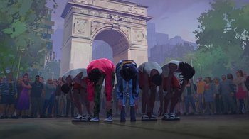 Movie still from “Entergalactic” (2022), directed by Fletcher Moules – A group of people that are standing in a circle; Extreme Wide shot, Low angle