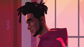 Movie still from “Entergalactic” (2022), directed by Fletcher Moules – A stylized image of a man with dreadlocks; Close Up shot, Low angle