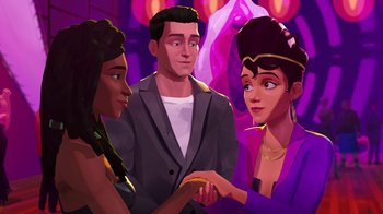 Movie still from “Entergalactic” (2022), directed by Fletcher Moules – Two women and a man are standing in a room; Medium shot, Over the shoulder angle