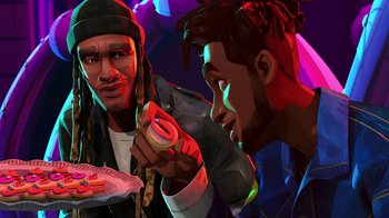 Movie still from “Entergalactic” (2022), directed by Fletcher Moules – Two men are sitting next to each other; Medium shot, Over the shoulder angle