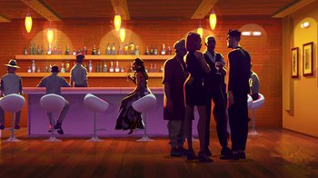 Movie still from “Entergalactic” (2022), directed by Fletcher Moules – A group of people standing in front of a bar; Extreme Wide shot, Low angle
