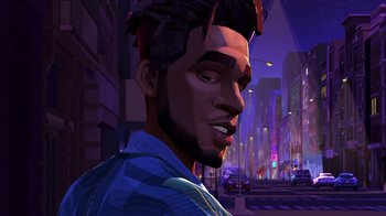 Movie still from “Entergalactic” (2022), directed by Fletcher Moules – An animated picture of a man in a city street; Close Up shot, Over the shoulder angle