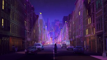 Movie still from “Entergalactic” (2022), directed by Fletcher Moules – A person standing on the side of a road at night; Extreme Wide shot, Low angle