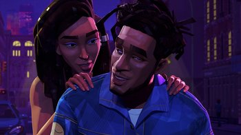 Movie still from “Entergalactic” (2022), directed by Fletcher Moules – A man and a woman are standing next to each other; Close Up shot, Over the shoulder angle