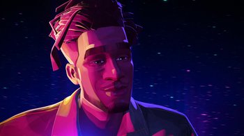 Movie still from “Entergalactic” (2022), directed by Fletcher Moules – A man with a mohawk is standing in the dark; Close Up shot, Low angle