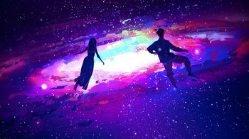 Movie still from “Entergalactic” (2022), directed by Fletcher Moules – A man and a woman are standing in front of a colorful background; Extreme Wide shot, Low angle