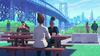 Movie still from “Entergalactic” (2022), directed by Fletcher Moules – Two people sitting at a table with a bridge in the background; Extreme Wide shot, Over the shoulder angle