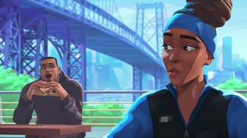 Movie still from “Entergalactic” (2022), directed by Fletcher Moules – Two people sitting at a table in front of a bridge; Close Up shot, Over the shoulder angle