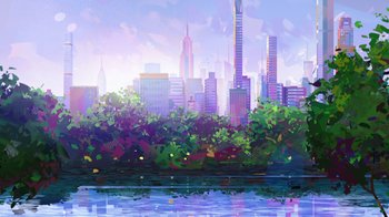 Movie still from “Entergalactic” (2022), directed by Fletcher Moules – An artistic painting of a city skyline and a body of water; Extreme Wide shot, Low angle