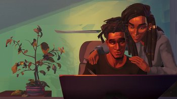 Movie still from “Entergalactic” (2022), directed by Fletcher Moules – A man and a woman sitting in front of a computer; Medium shot, Over the shoulder angle