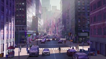 Movie still from “Entergalactic” (2022), directed by Fletcher Moules – An illustration of a busy city street with cars and pedestrians; Extreme Wide shot, High angle