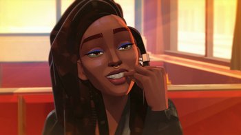 Movie still from “Entergalactic” (2022), directed by Fletcher Moules – An illustration of an african american woman smiling; Close Up shot, Over the shoulder angle