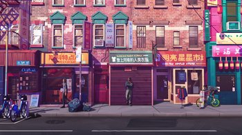 Movie still from “Entergalactic” (2022), directed by Fletcher Moules – An asian man standing in front of a building; Extreme Wide shot, Low angle