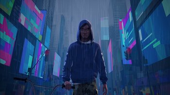 Movie still from “Entergalactic” (2022), directed by Fletcher Moules – A man in a blue hooded sweatshirt stands in the middle of a city; Wide shot, Low angle