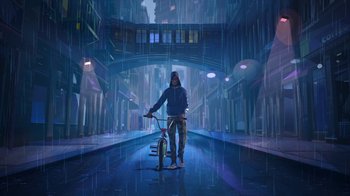 Movie still from “Entergalactic” (2022), directed by Fletcher Moules – A man standing in the middle of the street with a bike; Wide shot, Low angle