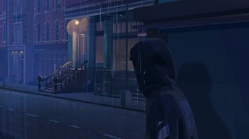 Movie still from “Entergalactic” (2022), directed by Fletcher Moules – A person walking down a street at night; Extreme Wide shot, Low angle