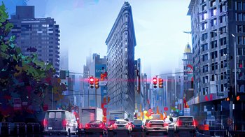 Movie still from “Entergalactic” (2022), directed by Fletcher Moules – A city street filled with lots of traffic and traffic lights; Extreme Wide shot, Low angle