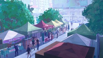 Movie still from “Entergalactic” (2022), directed by Fletcher Moules – People walking down a street with tents in the background; Extreme Wide shot, High angle