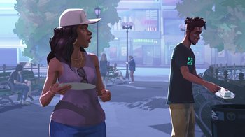 Movie still from “Entergalactic” (2022), directed by Fletcher Moules – A woman standing next to a man on a city street; Medium shot, Over the shoulder angle