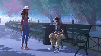 Movie still from “Entergalactic” (2022), directed by Fletcher Moules – A man and a woman sitting on a park bench; Wide shot, Over the shoulder angle