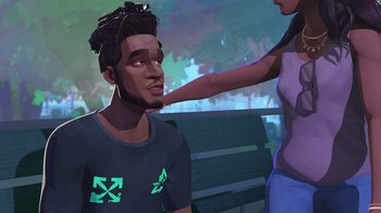 Movie still from “Entergalactic” (2022), directed by Fletcher Moules – An animated man and a woman sitting next to each other on a park bench; Medium shot, Over the shoulder angle