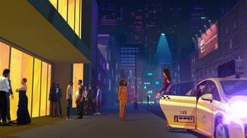 Movie still from “Entergalactic” (2022), directed by Fletcher Moules – A group of people standing in a city at night; Extreme Wide shot, Low angle