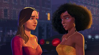 Movie still from “Entergalactic” (2022), directed by Fletcher Moules – Two women standing next to each other in front of a building; Close Up shot, Over the shoulder angle