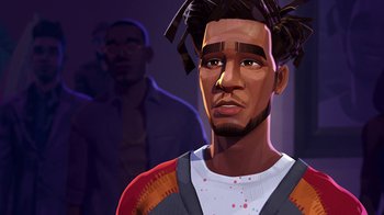 Movie still from “Entergalactic” (2022), directed by Fletcher Moules – An illustration of an african american man with dreadlocks; Close Up shot, Over the shoulder angle
