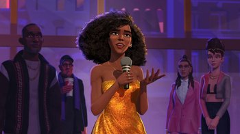 Movie still from “Entergalactic” (2022), directed by Fletcher Moules – An animated woman in a yellow dress holding a microphone; Medium shot, Over the shoulder angle