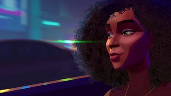 Movie still from “Entergalactic” (2022), directed by Fletcher Moules – A woman with a big curly afro is looking into the distance; Close Up shot, Over the shoulder angle