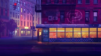 Movie still from “Entergalactic” (2022), directed by Fletcher Moules – An empty street corner with buildings lit up at night; Extreme Wide shot, High angle